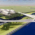 Modern Architectural Bridge Spanning Water With Green Space Trees And Buildings