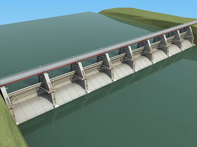 Concrete Dam Structure With Multiple Gates Over River Water And Green Hills 3d model