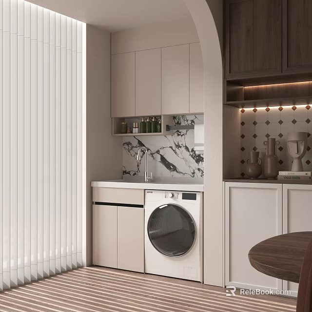 Modern Home Balcony With White Blinds Cabinets Marble Countertop Washing Machine And Decorative Vases 3d model 
