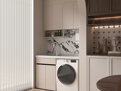 Modern Home Balcony With White Blinds Cabinets Marble Countertop Washing Machine And Decorative Vases 3d model
