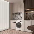 Modern Home Balcony With White Blinds Cabinets Marble Countertop Washing Machine And Decorative Vases