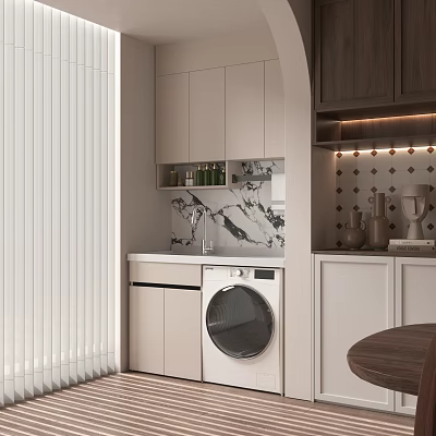 Modern Home Balcony With White Blinds Cabinets Marble Countertop Washing Machine And Decorative Vases 3d model