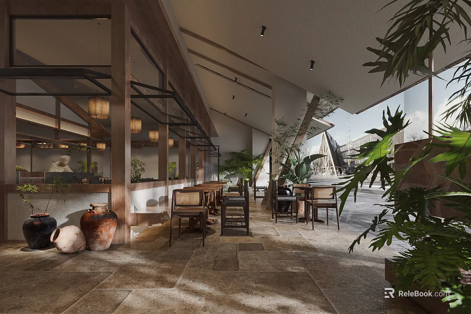 Cozy Rustic Restaurant With Open Dining Space Natural Wood Accents And Lush Green Plants 3d model 