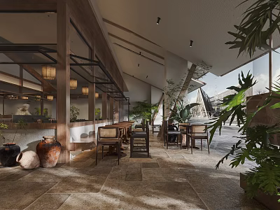 Cozy Rustic Restaurant With Open Dining Space Natural Wood Accents And Lush Green Plants 3d model