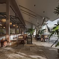 Cozy Rustic Restaurant With Open Dining Space Natural Wood Accents And Lush Green Plants