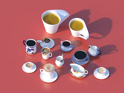 Decorative Ceramic Tableware Set With Mugs Cups Saucers And Small Pitchers 3d model