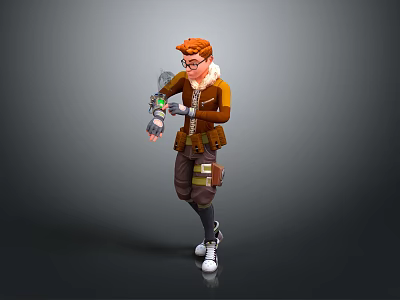 Brave Character With Mechanical Arm And Playful Creature In Brown Coat Attire 3d model