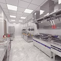 Modern Commercial Kitchen With Stainless Steel Countertops Hanging Pots Cabinets And Oven