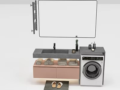 Modern Bathroom Sink Setup With Mirror Washing Machine Pink Cabinets And Plants 3d model