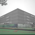 Modern Multi Storey Industrial Factory Building With Glass Curtain Wall Lawn And Trees