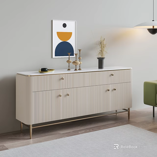 Modern Elegant White TV Stand With Drawers Gold Legs And Decorative Wall Art 3d model 