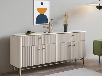 Modern Elegant White TV Stand With Drawers Gold Legs And Decorative Wall Art 3d model