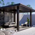 Modern Sunroom Design With Lattice Wall Green Plants Sofa And Stone Wall