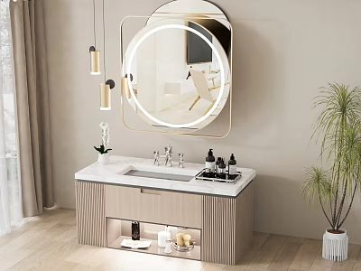 Modern Bathroom Vanity with Round Gold Framed Mirror Marble Countertop and Pendant Lights 3d model