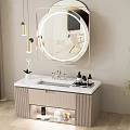 Modern Bathroom Vanity with Round Gold Framed Mirror Marble Countertop and Pendant Lights