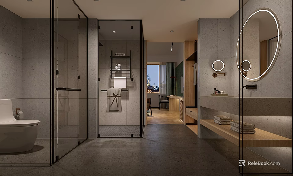 Hotel Guest Room Interior With Glass Shower Gray Tile Walls Wooden Vanity And Round Mirror 3d model 