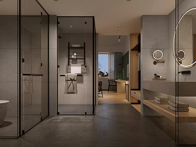 Hotel Guest Room Interior With Glass Shower Gray Tile Walls Wooden Vanity And Round Mirror 3d model