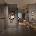 Hotel Guest Room Interior With Glass Shower Gray Tile Walls Wooden Vanity And Round Mirror