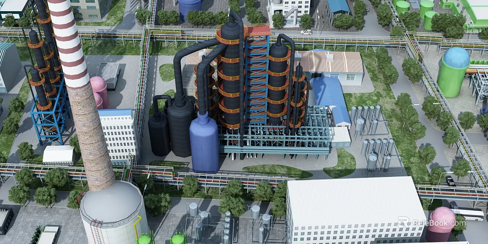 Industrial Plant Facility With Tall Processing Towers Pipelines And Storage Tanks 3d model