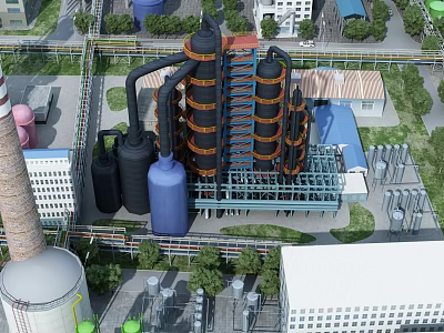 Industrial Plant Facility With Tall Processing Towers Pipelines And Storage Tanks 3d model