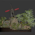 Miniature Natural Scene With Windmill Green Trees Small Houses And Stone Bridge