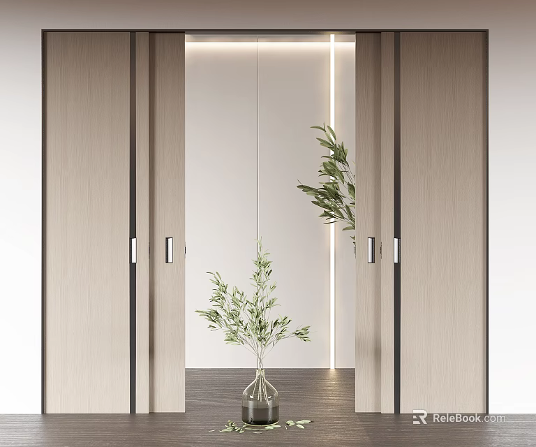 Modern Interior Sliding Doors With Wooden Frames Glass Panels And Green Plant 3d model 