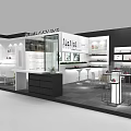 Chocolate Packaging Exhibition Booth Interior With Display Shelves Counter And Stools Design 3d model