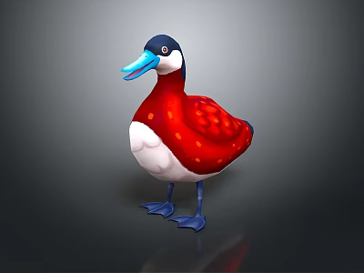 Cute Cartoon Duck With Red Feathered Body White Belly And Blue Beak Feet 3d model