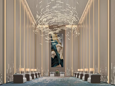 Luxury Modern Hotel Public Lounge Area With Stunning Artistic Chandelier And Warm Comfortable Interior Design 3d model