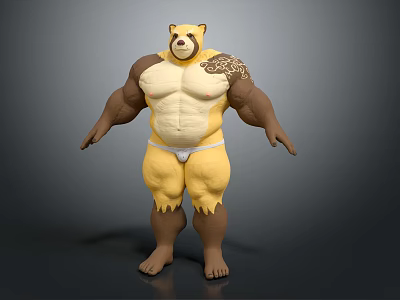 Muscular Bear Character With Yellow White Body Buff Physique And White Shorts 3d model