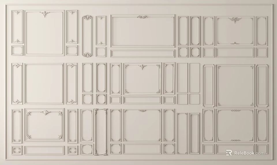 Elegant White Sofa Accent Wall With Decorative Mouldings And Panels 3d model 