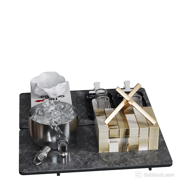 Decorative Ornament Set with Stainless Steel Ice Bucket Crossed Sticks Ice Cubes and Glasses 3d model 