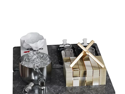 Decorative Ornament Set with Stainless Steel Ice Bucket Crossed Sticks Ice Cubes and Glasses 3d model