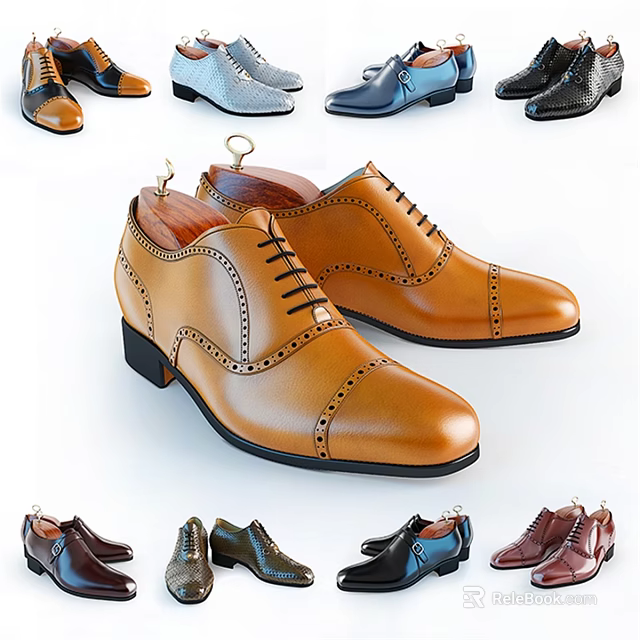 Stylish Brown Leather Brogue Shoes With Lace Up Design And Multiple Color Options 3d model 