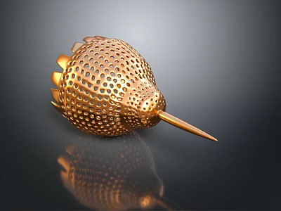 Golden Hummingbird Sculpture With Perforated Shiny Metallic Body On Dark Background With Reflection 3d model