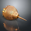 Golden Hummingbird Sculpture With Perforated Shiny Metallic Body On Dark Background With Reflection