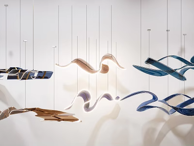 Abstract Wave Shaped Pendant Lights With Metallic Finishes In Blue Gold Brown Tones Hanging 3d model