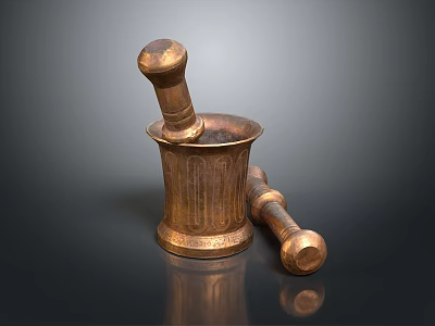 Copper Mortar and Pestle Grinding Fresh Herbal Plants on Black Background 3d model