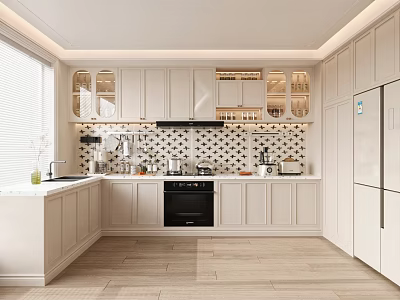 Modern Open Kitchen Interior Design With White Cabinets Island And Appliances 3d model
