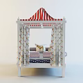 White Kids Canopy Bed With Red White Striped Top Colorful Patterned Curtains And Decorative Pillows