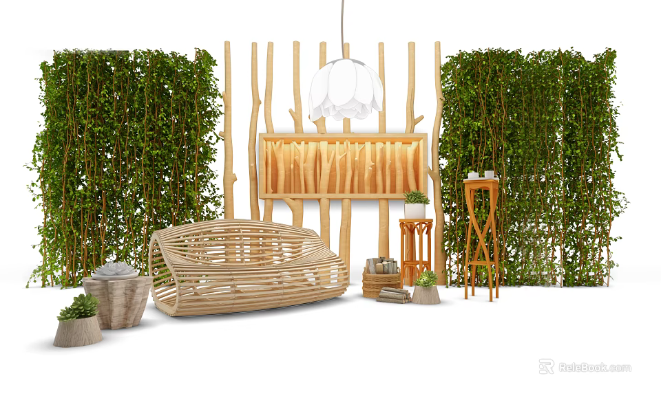 Green Plant Wall Interior Design With Bamboo Sofa Wooden Shelf And Potted Plants 3d model 