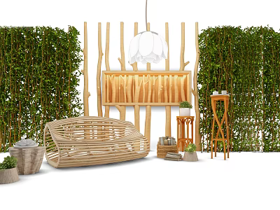 Green Plant Wall Interior Design With Bamboo Sofa Wooden Shelf And Potted Plants 3d model