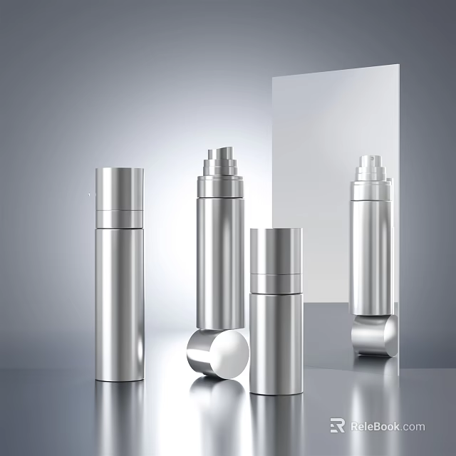 Silver Perfume Cosmetic Bottles With Four Upright And Fallen Cap On Reflective Surface 3d model 