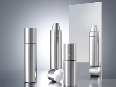 Silver Perfume Cosmetic Bottles With Four Upright And Fallen Cap On Reflective Surface 3d model