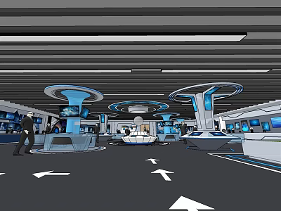 Futuristic Hall Interior With Circular Glowing Structures Blue Lighting People Walking And White Arrow Directions 3d model
