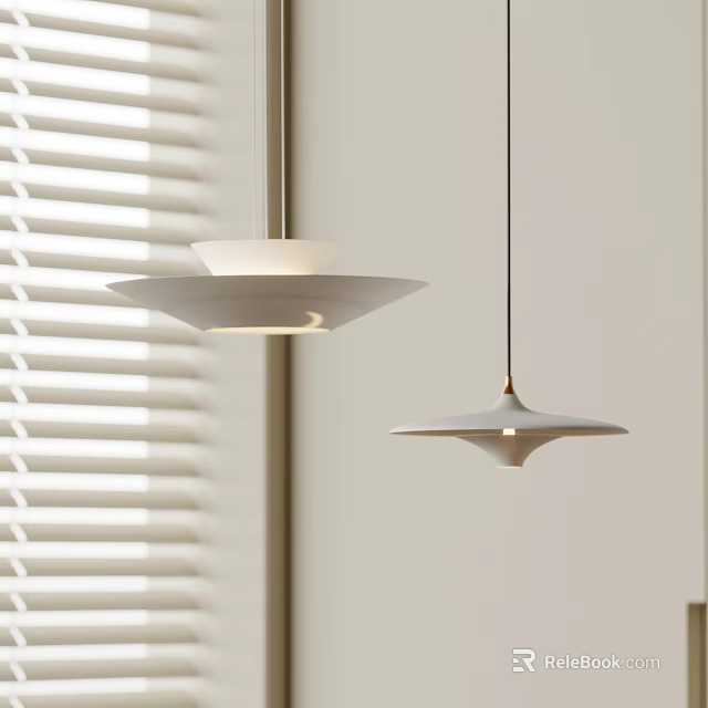 Two Modern White Stylish Pendant Lights For Interior Design With Window Blinds 3d model 