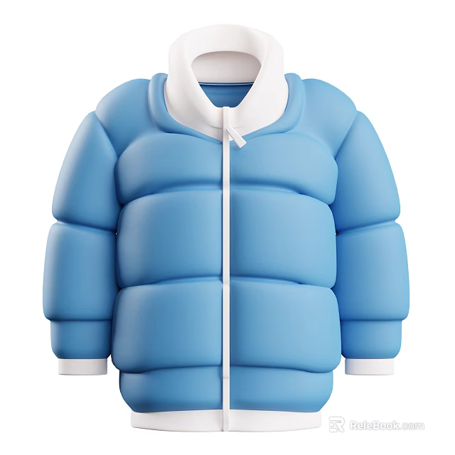 Blue Puffer Jacket With White Collar White Zipper And Padded Design For Winter Wear 3d model 