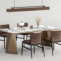 Dining Table Set with Marble Top Geometric Base Brown Chairs and Rectangular Pendant Light 3d model