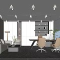 Modern Office Interior With Sofa Desk Ergonomic Chairs Bookshelf And Pendant Lights 3d model