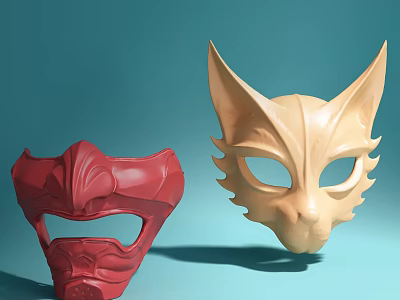 Adorable Animal Mask Dolls with Red and Beige 3D Rendered Design 3d model